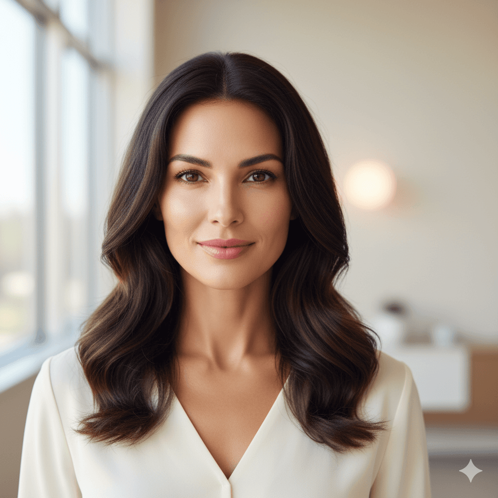 Glowing woman in room. Looking at camera