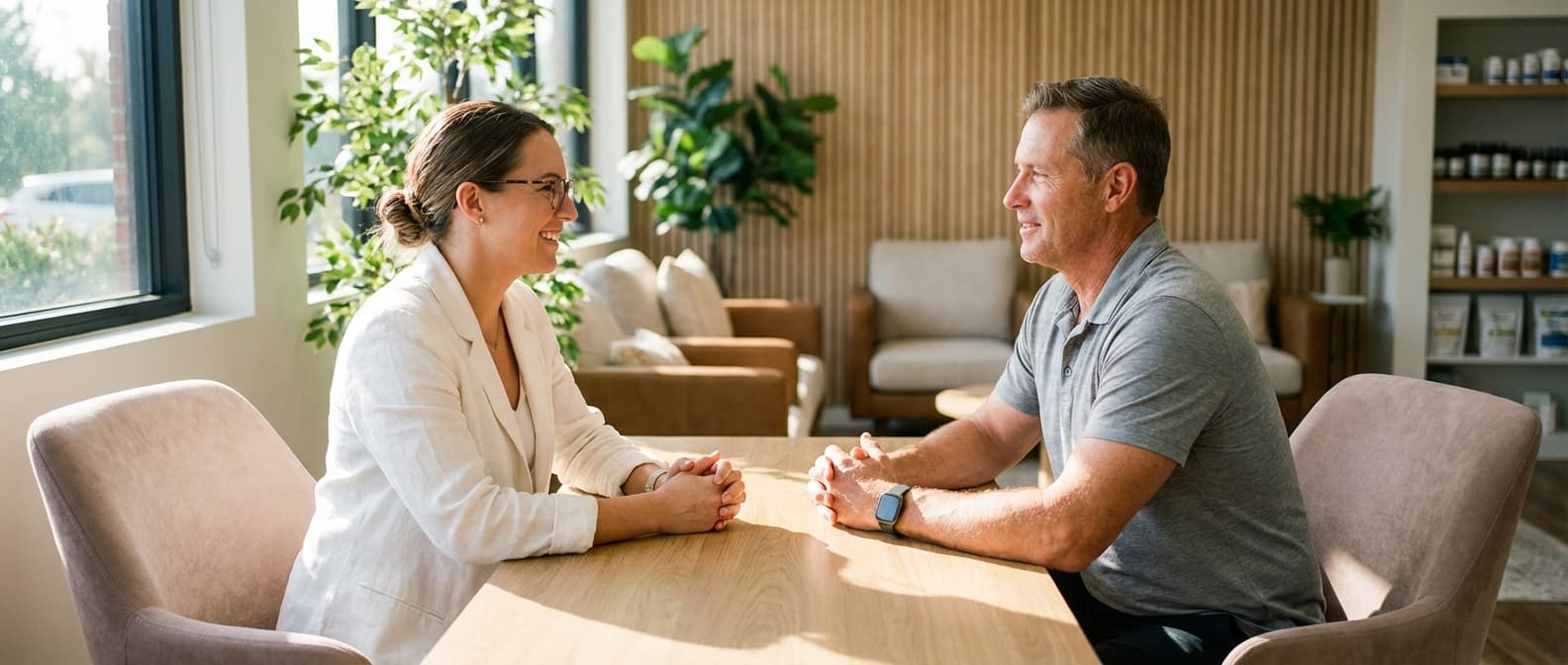 Man receiving hormone therapy consultation.