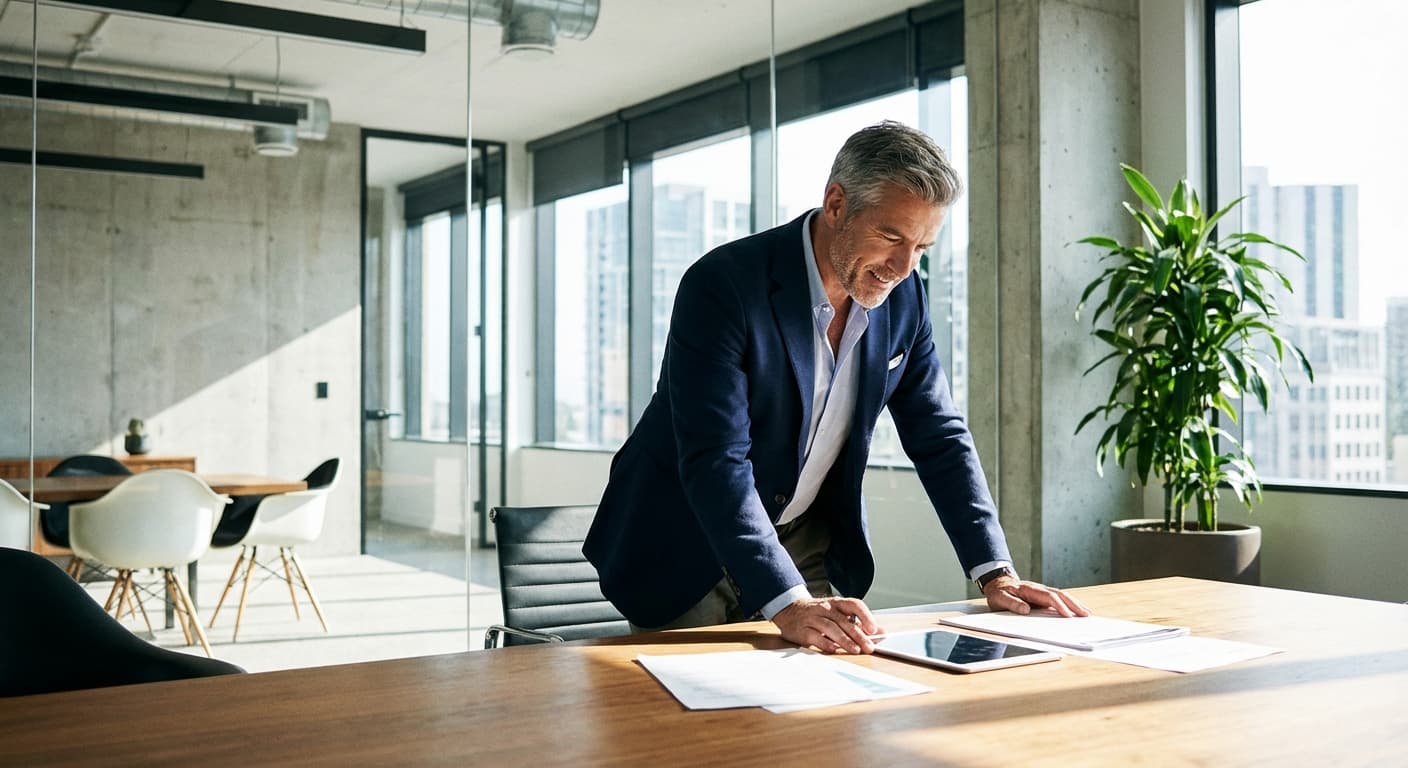 man standing over desk