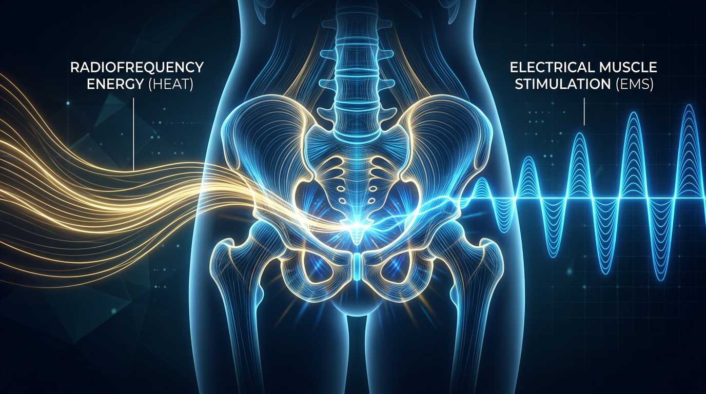 A clean, graphical visualization illustrating the intersection of advanced technology and human physiology. On one side, flowing lines representing "Radiofrequency Energy (Heat)" and on the other, pulsing waves representing "Electrical Muscle Stimulation (EMS)." 