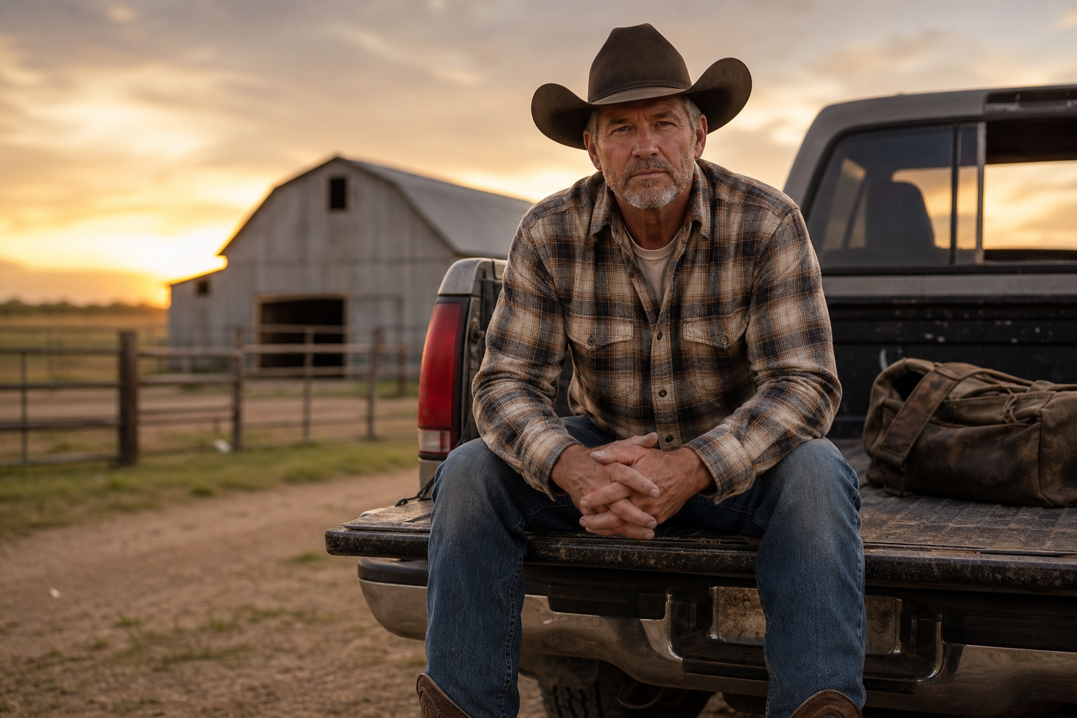 Mature rancher on pickup tailgate, private consultation feel
