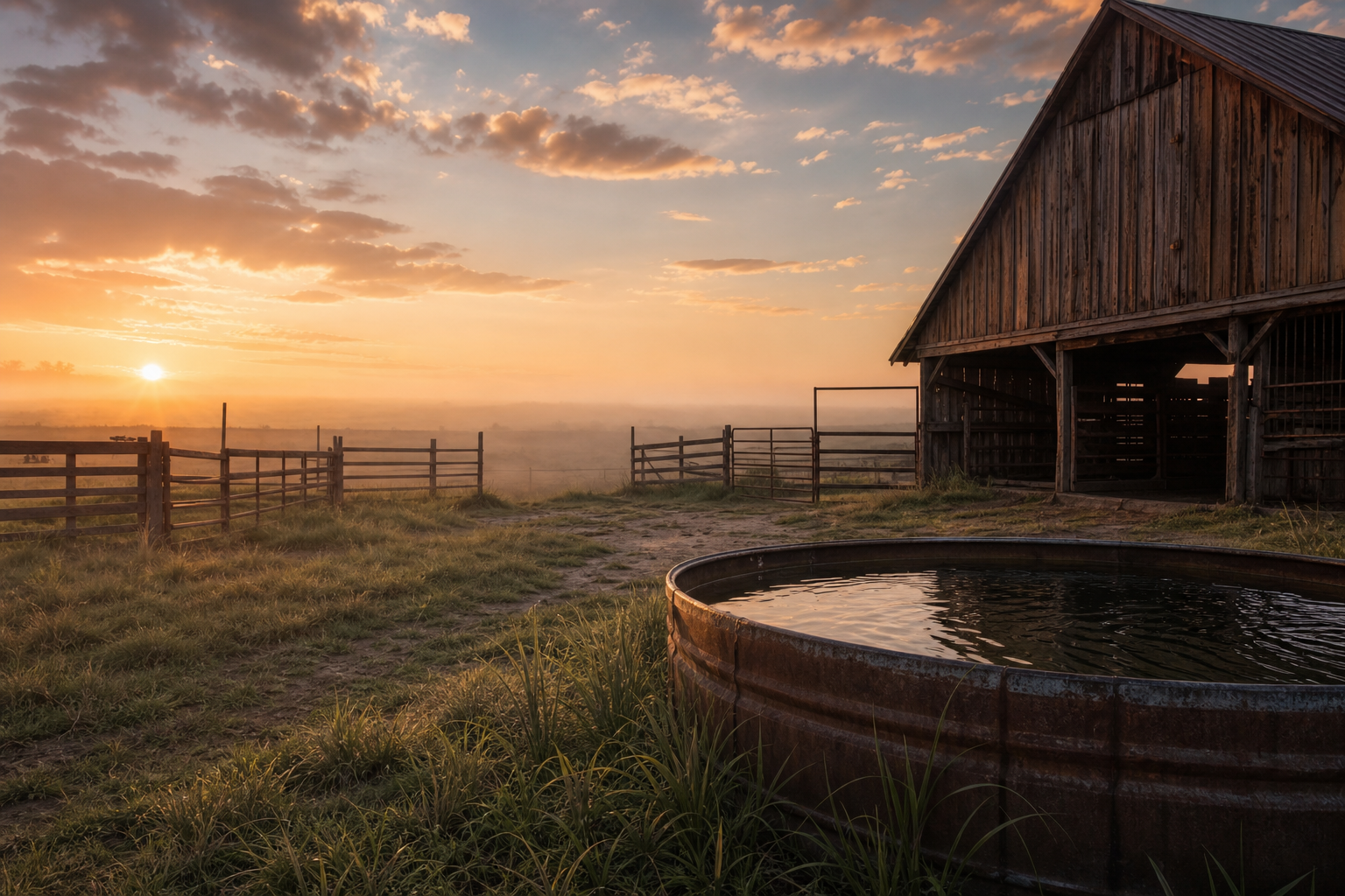 Early morning Texas ranch barn and plains
