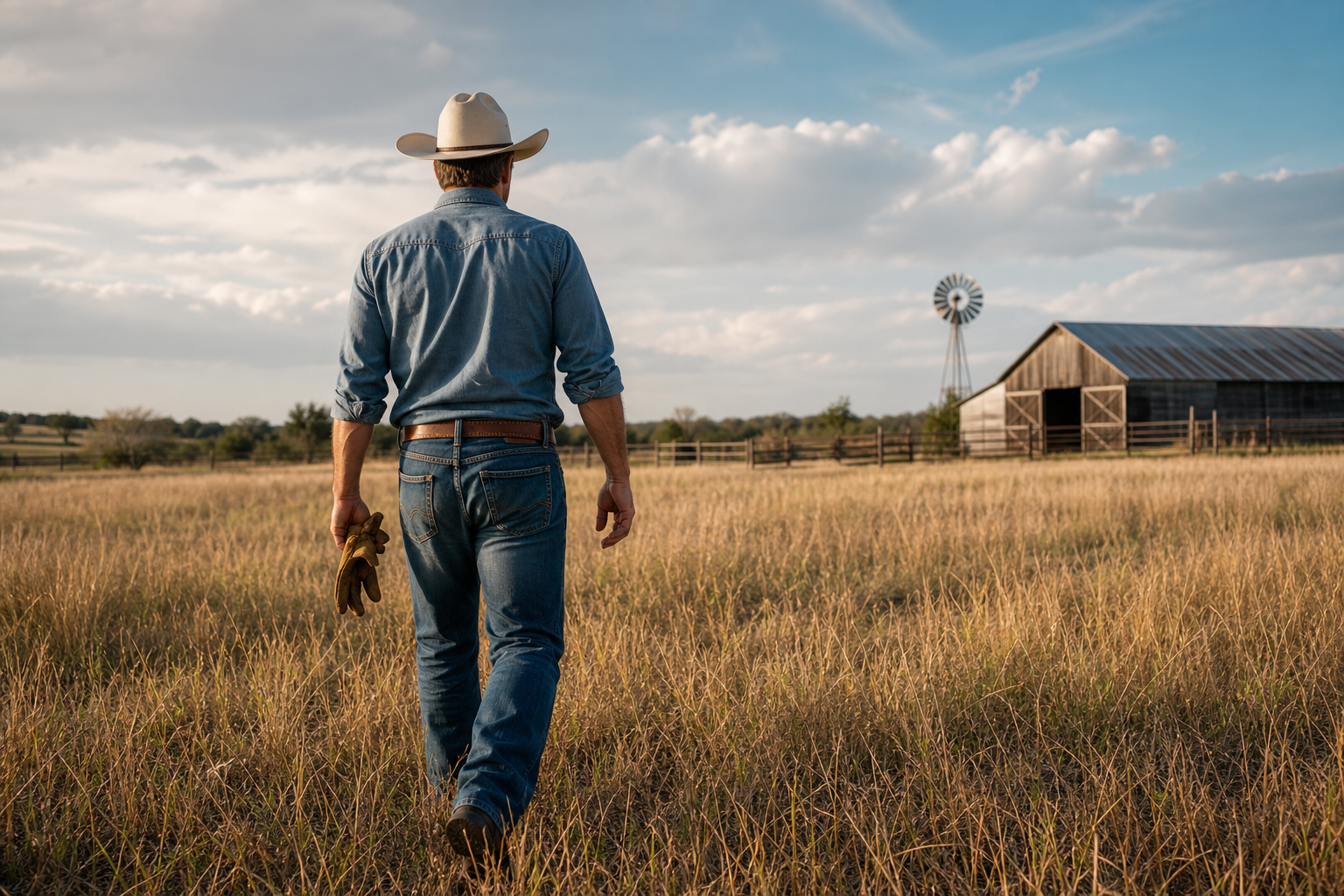 Cowboy walking pasture toward barn, stamina and vitality
