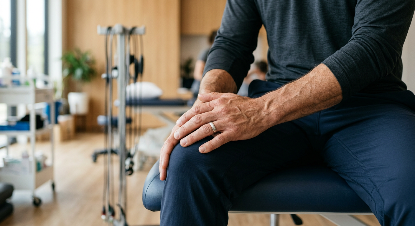 A professional, close-up photograph of a fit, middle-aged man’s hands resting confidently on his knee in a modern wellness clinic.